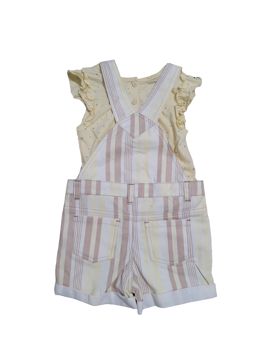 Little Lass conjunto jardineira jeans com blusa e chapéu menina amarelo